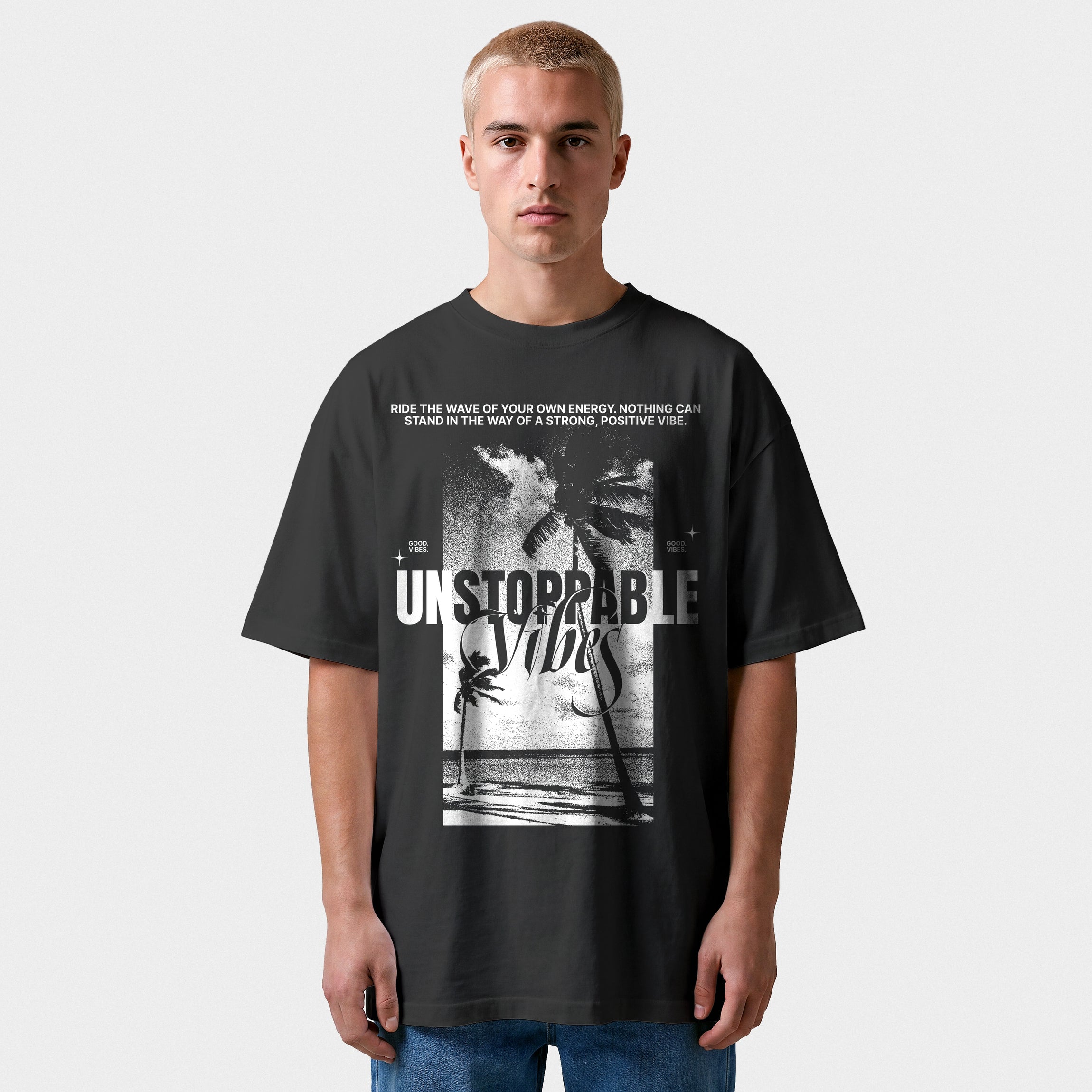 Szary T-shirt Box Tee „Unstoppable Vibes”