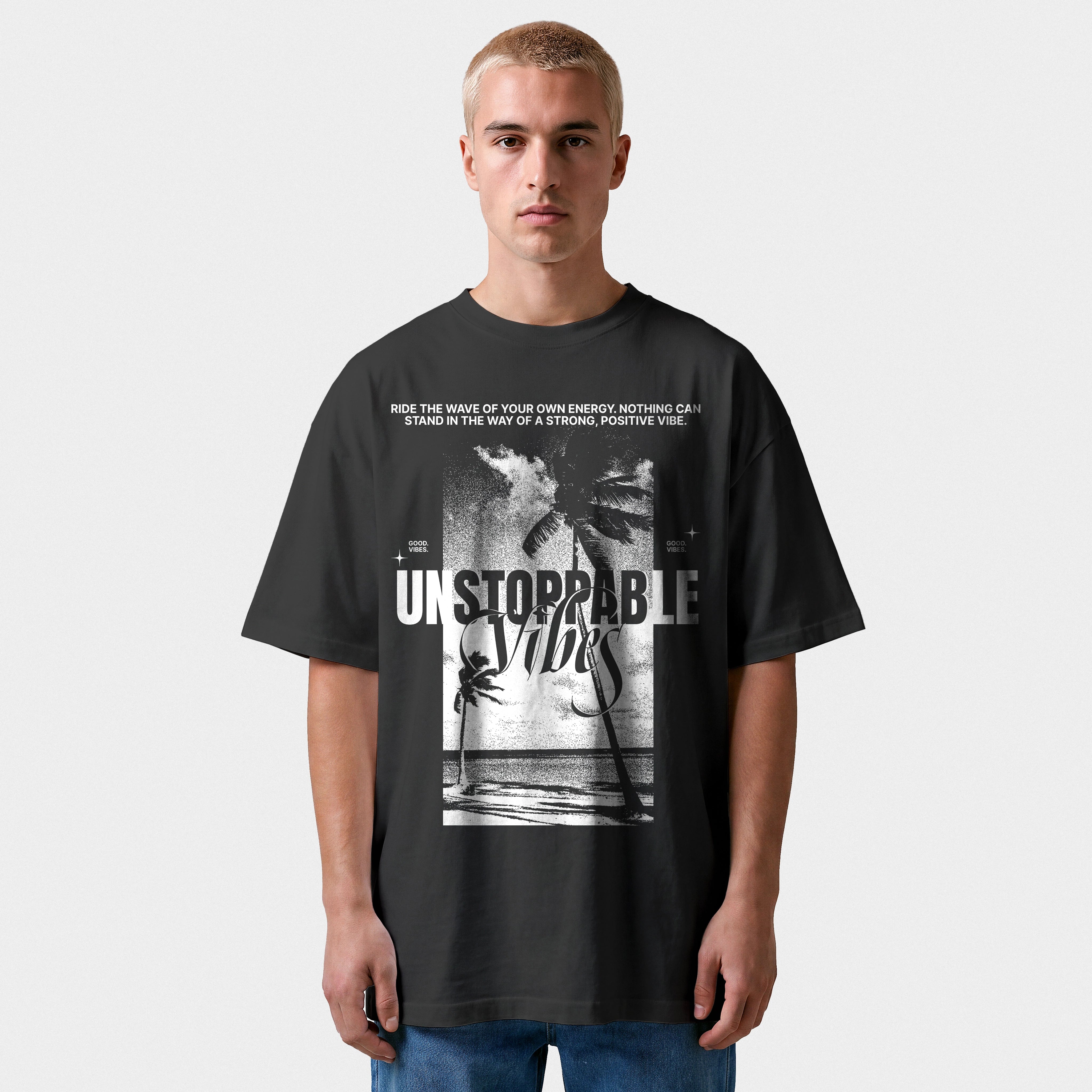 Szary T-shirt Box Tee „Unstoppable Vibes”