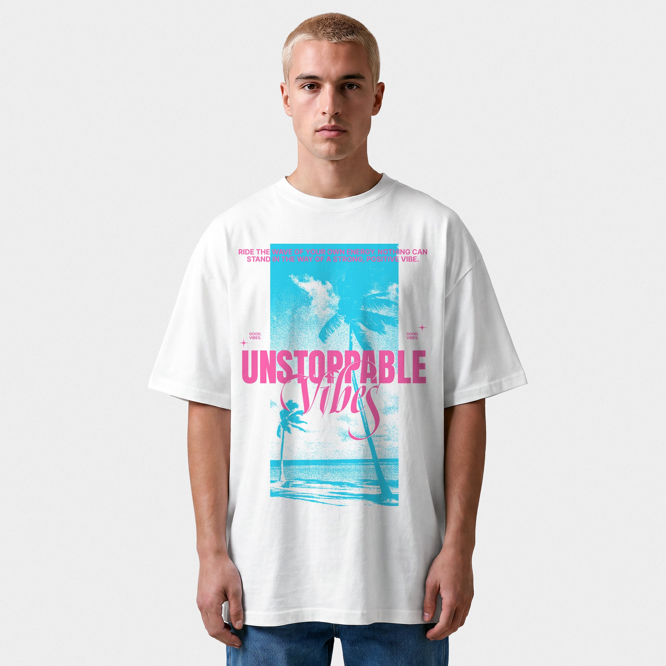 Biały T-shirt Box Tee „Unstoppable Vibes”