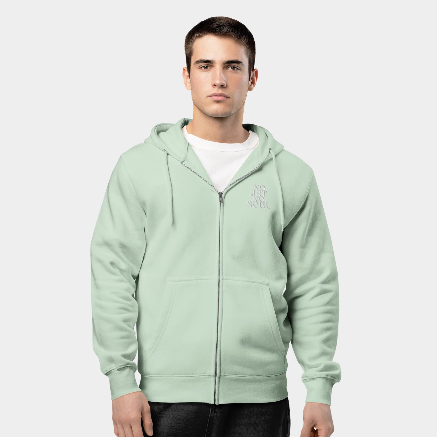 Bluza z kapturem na suwak "NO ART NO SOUL" w kolorze piana morska