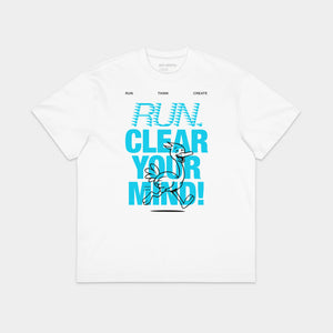 Biały T-shirt oversize z nadrukiem „RUN. CLEAR YOUR MIND!"